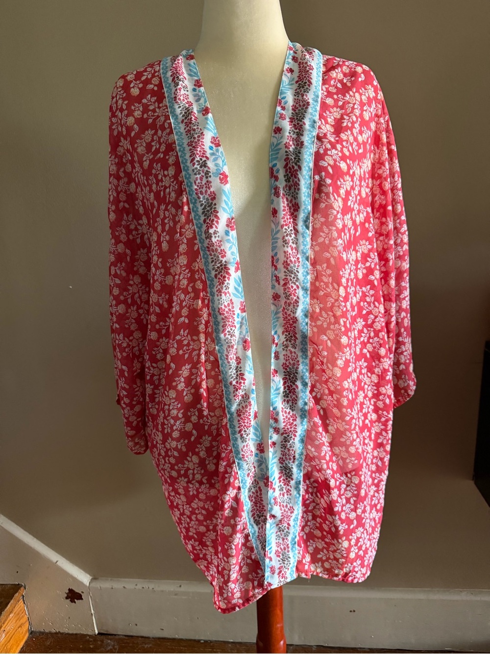 Japna Medium Kimono Floral Open Front 3/4 Sleeve Boho Sheer  Swim Cover Up GUC